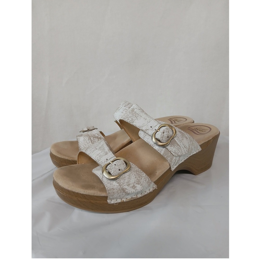 Dansko Womens Sz 42‎ Sophie Distressed White Leather Buckle Wedge Slide Sandals